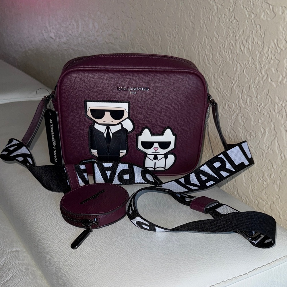 NWT Karl Lagerfeld Burgundy Crossbody Bag with Black & White Strap